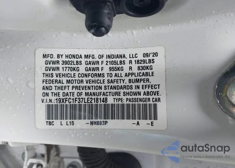 2020 Honda Civic Ex z USA, uszkodzony, nr VIN 19XFC1F37LE218148